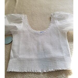 Hill House The Aiko Top Crop Smocked Short Balloon Sleeve Scoop Neckline White L